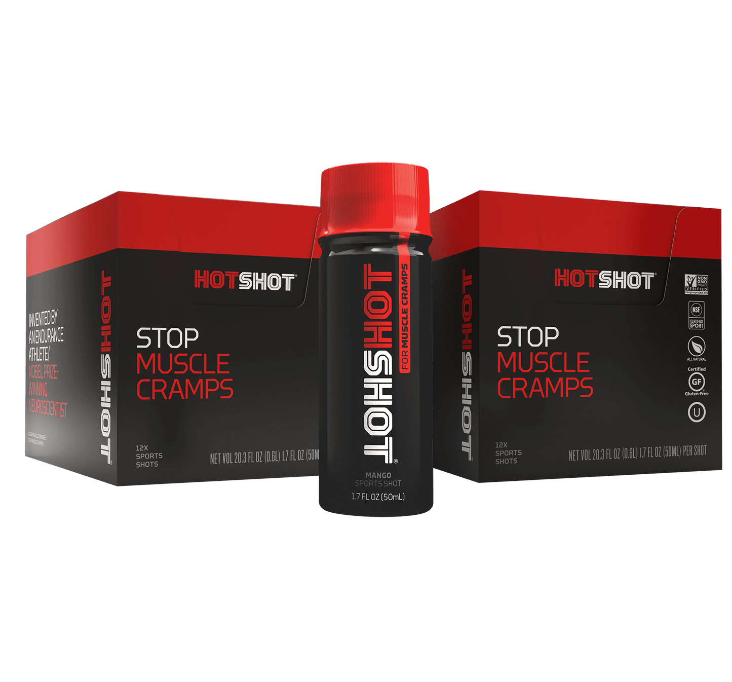 Box of Stop Muscle Cramps Shots and Bottle of HotShot