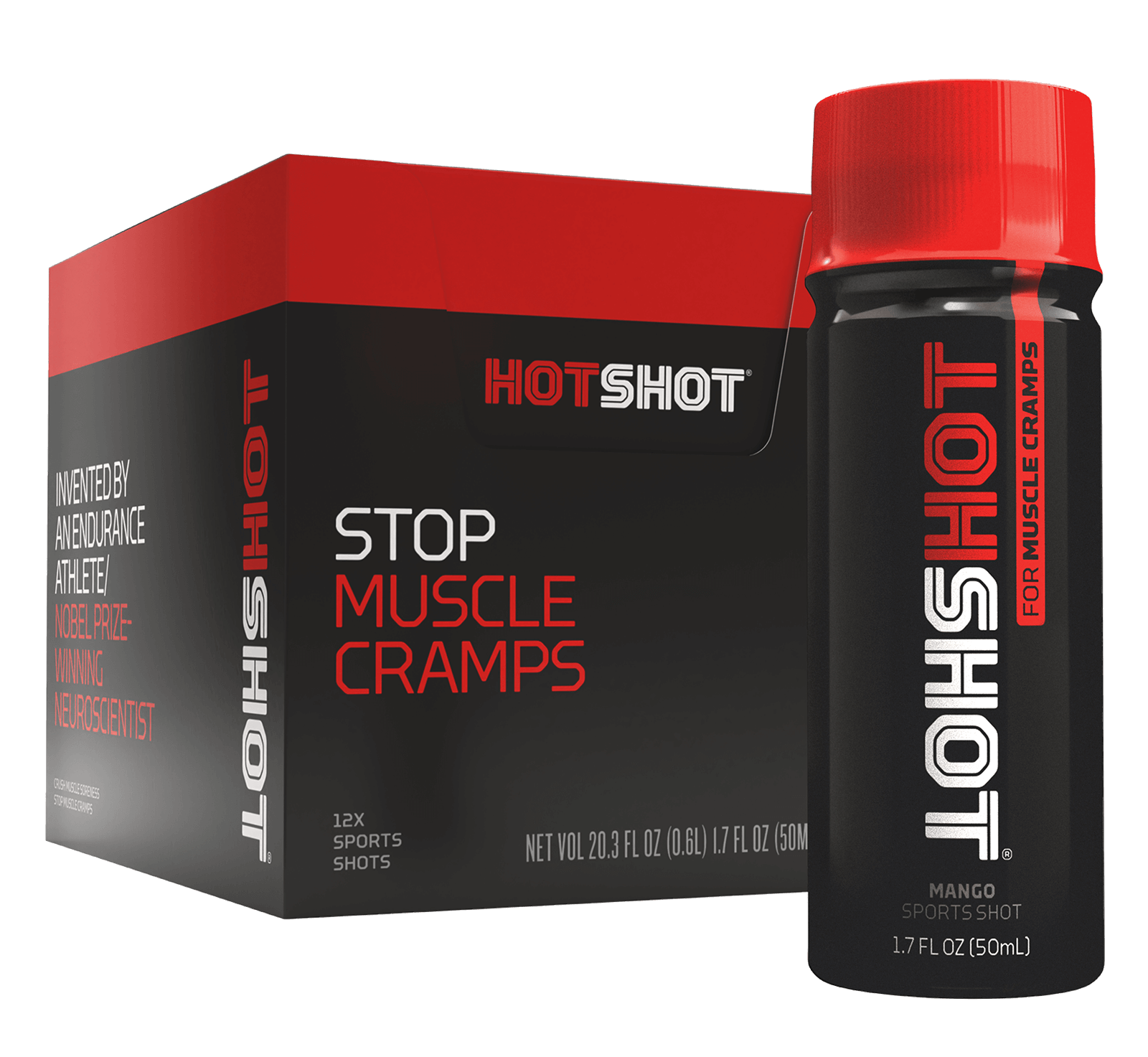 Box of Stop Muscle Cramps Shots and Bottle of HotShot