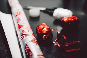 holiday wrapping paper and ribbon