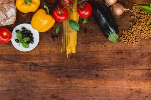 table of vegetables and pasta