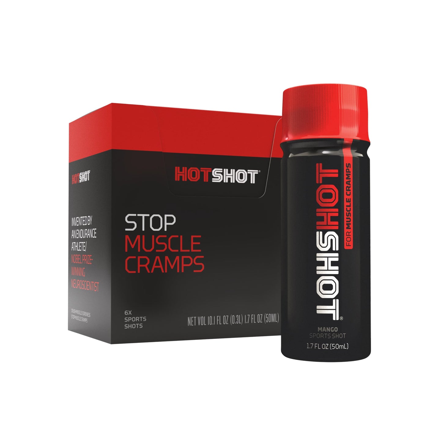 Box of Stop Muscle Cramps Shots and Bottle of HotShot