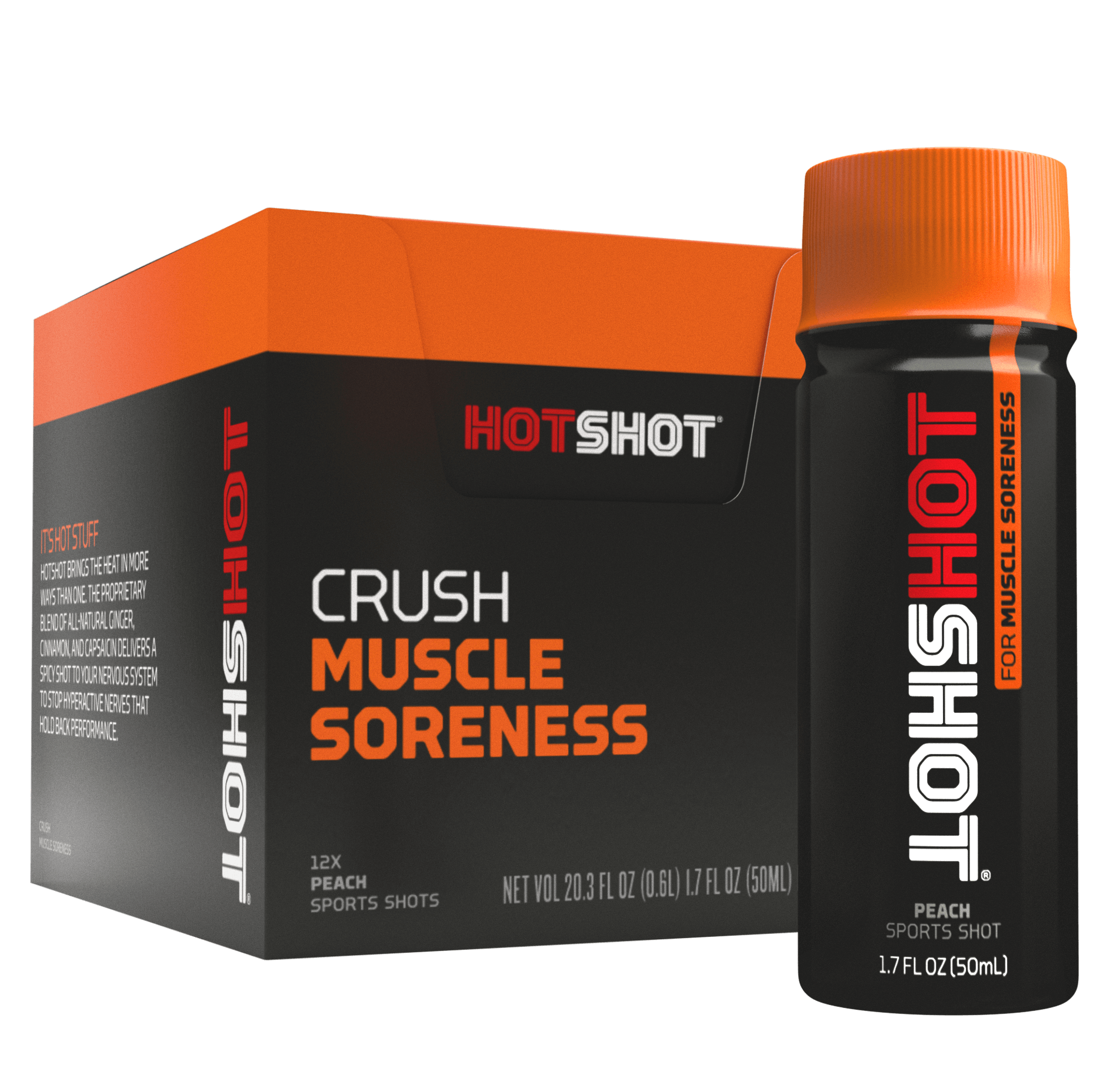 Box of Stop Muscle Soreness Shots and Bottle of HotShot